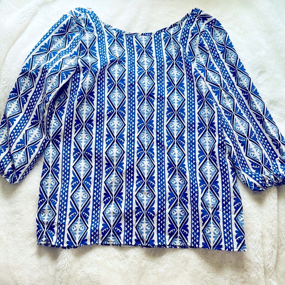 Boutique blue & white print blouse